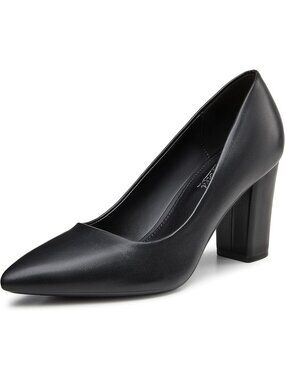 Womens Heel Black Pu Rubber Sole High Chunky Block Closed Pointed Toe Party Pump